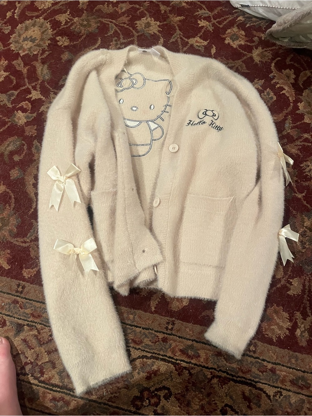 Hello Kitty Cream Bow-Accent Cardigan Sweater Size Large